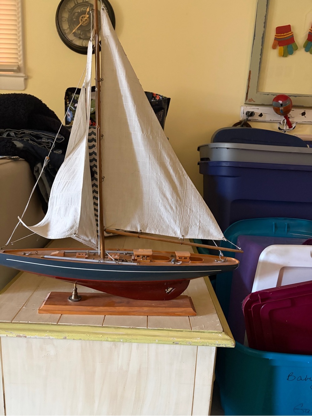 Decorative Wooden Sailboat Model with White Sails